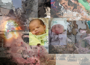 Israelibaby and Palestinian baby seen toether against a backdrop of carnage inflicted by Israel on Gaza 2014.